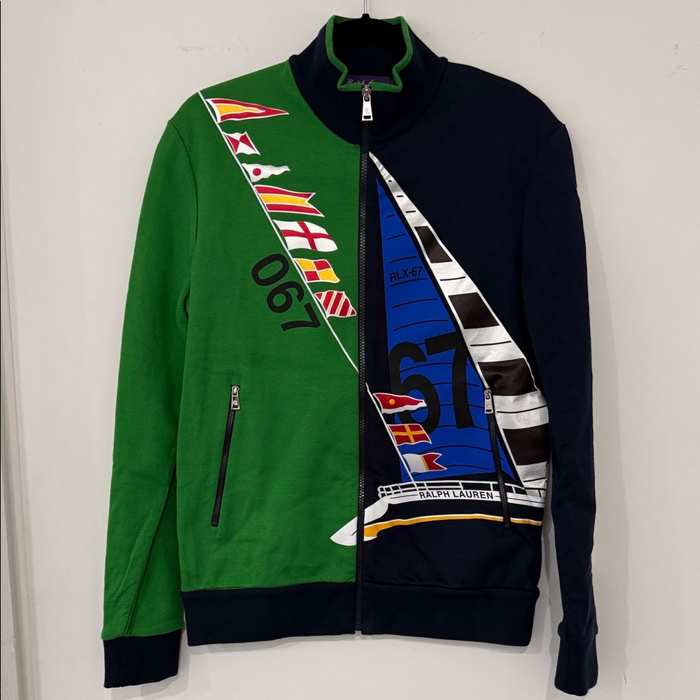 PURPLE LABEL Ralph Lauren Green & Navy Sailing Graphic Zip-Up Sweater UNWORN!